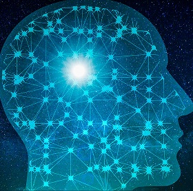 Illustration of a neural network in the shape of a human head